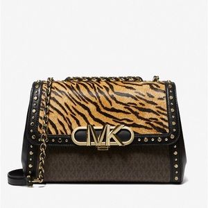 Michael Kors Parker Extra Large Studded Tiger Calf Hair and Logo Shoulder Bag